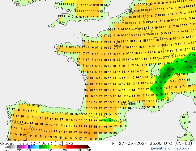 Temperatura del suelo (0-10cm) GFS vie 20.09.2024 03 UTC