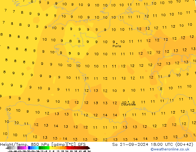 Hoogte/Temp. 850 hPa GFS za 21.09.2024 18 UTC