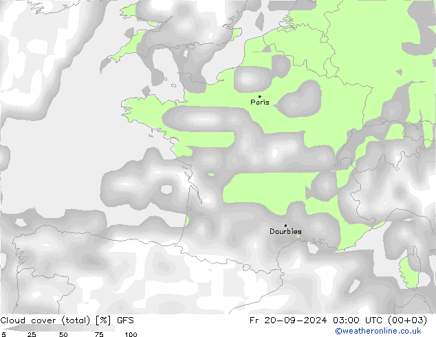 Nubes (total) GFS vie 20.09.2024 03 UTC