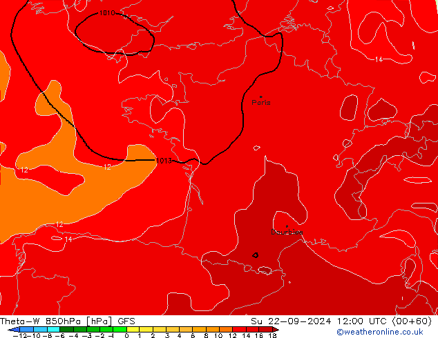 Theta-W 850hPa GFS zo 22.09.2024 12 UTC