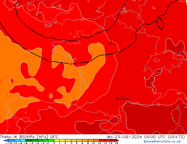 Theta-W 850hPa GFS pon. 23.09.2024 00 UTC