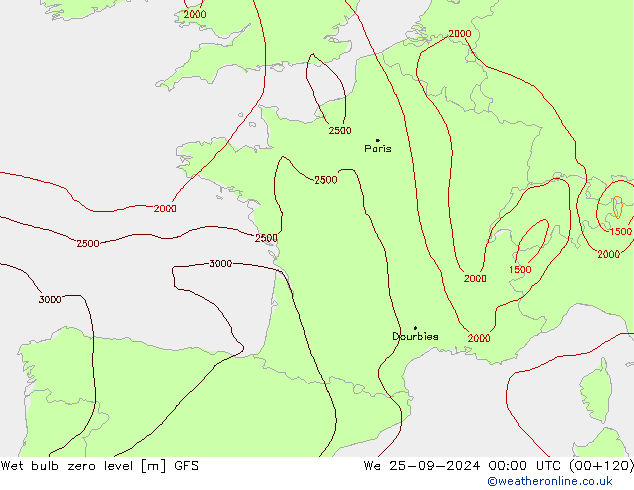 Wet bulb zero level GFS ср 25.09.2024 00 UTC