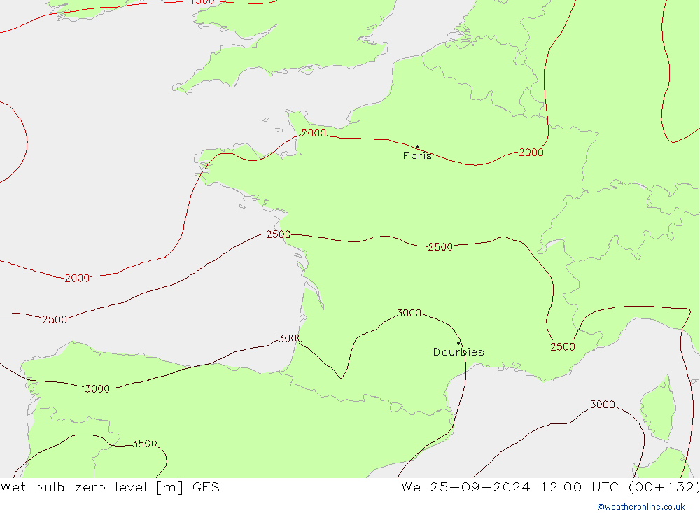 Wet bulb zero level GFS śro. 25.09.2024 12 UTC