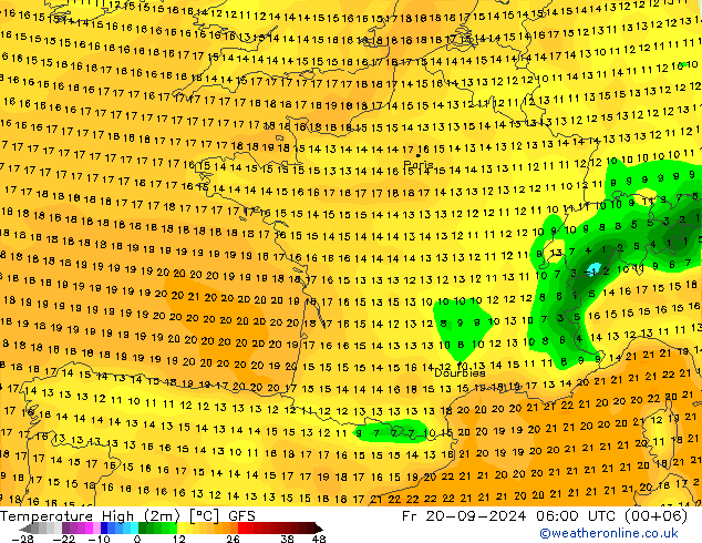 Nejvyšší teplota (2m) GFS Pá 20.09.2024 06 UTC