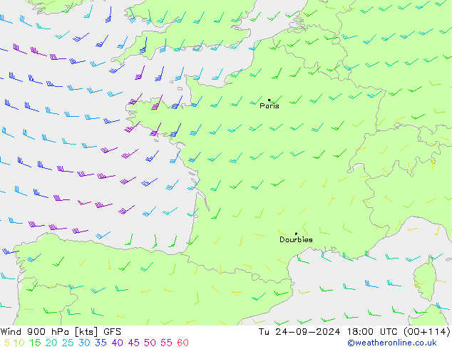 Wind 900 hPa GFS Tu 24.09.2024 18 UTC