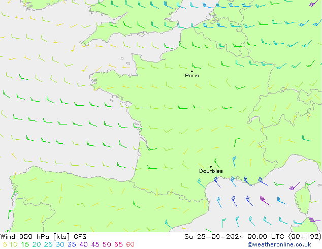 wiatr 950 hPa GFS so. 28.09.2024 00 UTC