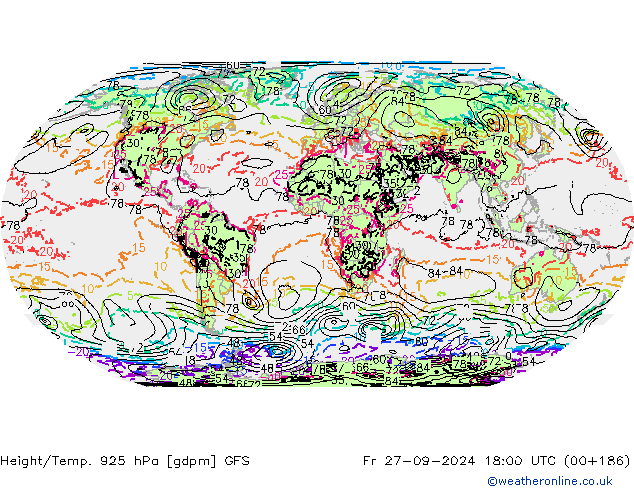 Hoogte/Temp. 925 hPa GFS vr 27.09.2024 18 UTC