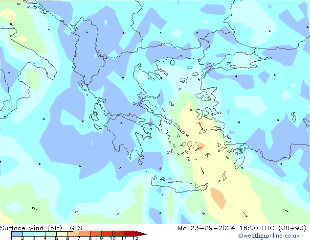 wiatr 10 m (bft) GFS pon. 23.09.2024 18 UTC