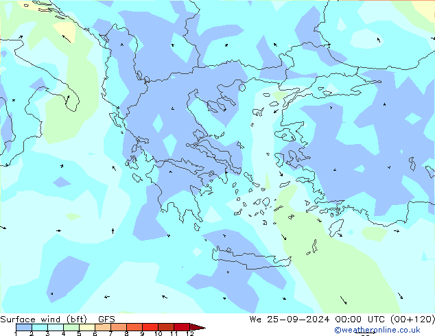 Viento 10 m (bft) GFS mié 25.09.2024 00 UTC