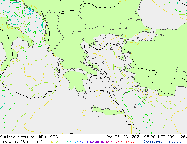 Isotachs (kph) GFS St 25.09.2024 06 UTC