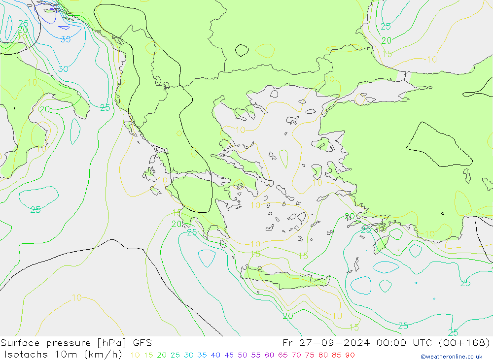 Isotachs (kph) GFS Fr 27.09.2024 00 UTC