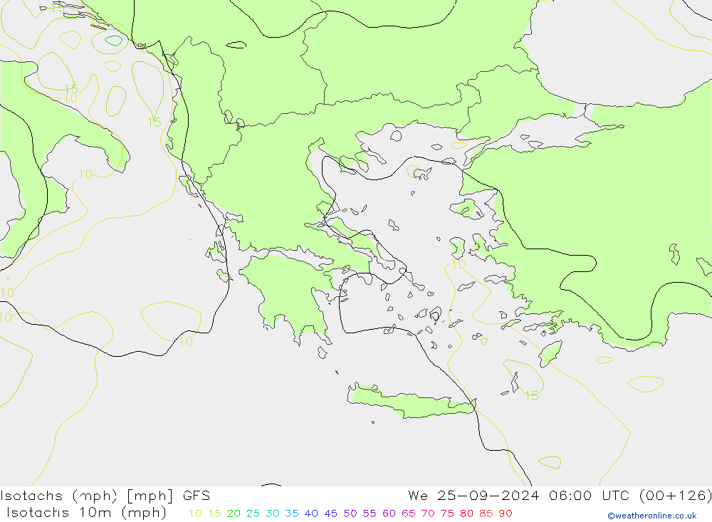 Isotachen (mph) GFS wo 25.09.2024 06 UTC