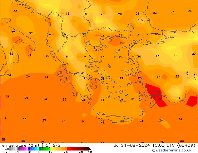 Temperature (2m) GFS Sa 21.09.2024 15 UTC