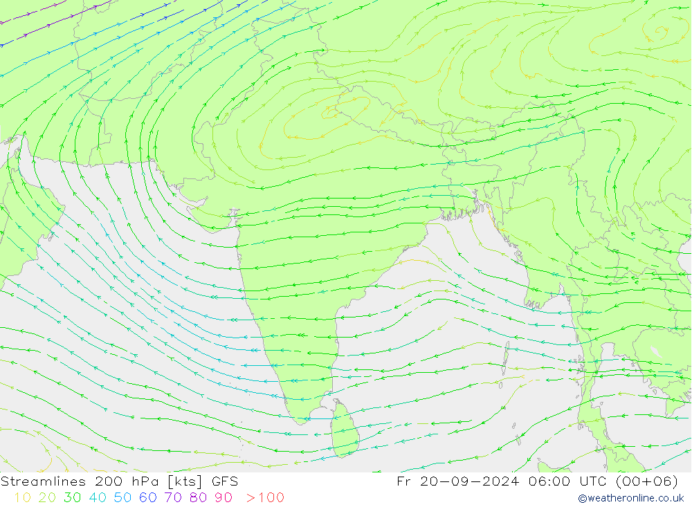 Linha de corrente 200 hPa GFS Sex 20.09.2024 06 UTC