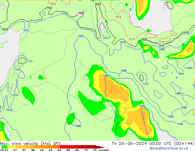 Max. wind velocity GFS чт 26.09.2024 00 UTC