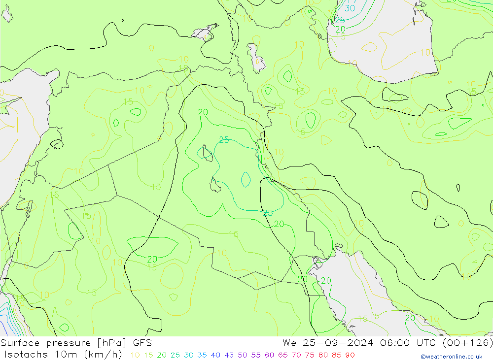 Isotachs (kph) GFS Qua 25.09.2024 06 UTC