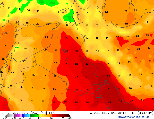 Temperature Low (2m) GFS Tu 24.09.2024 06 UTC