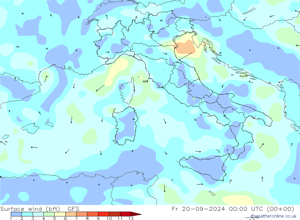 Surface wind (bft) GFS Fr 20.09.2024 00 UTC