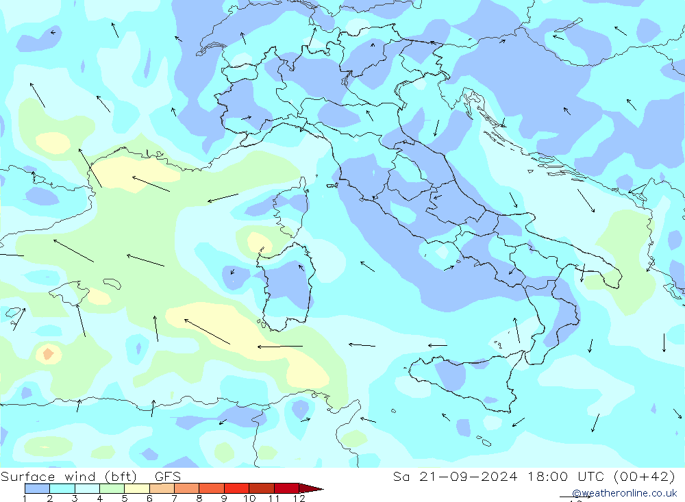 Vento 10 m (bft) GFS sab 21.09.2024 18 UTC