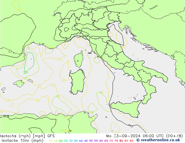 Isotachs (mph) GFS Mo 23.09.2024 06 UTC