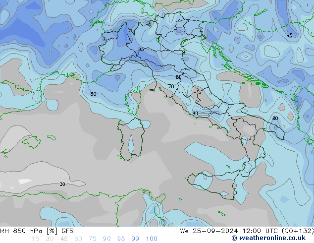 RH 850 hPa GFS We 25.09.2024 12 UTC