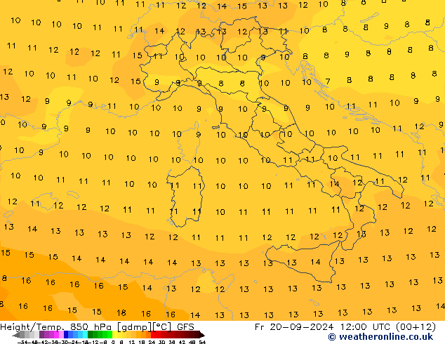 Hoogte/Temp. 850 hPa GFS vr 20.09.2024 12 UTC