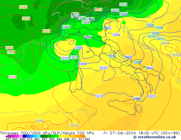 Dikte700-1000 hPa GFS vr 27.09.2024 18 UTC