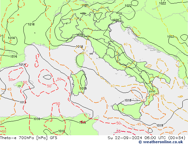 Theta-e 700hPa GFS Ne 22.09.2024 06 UTC