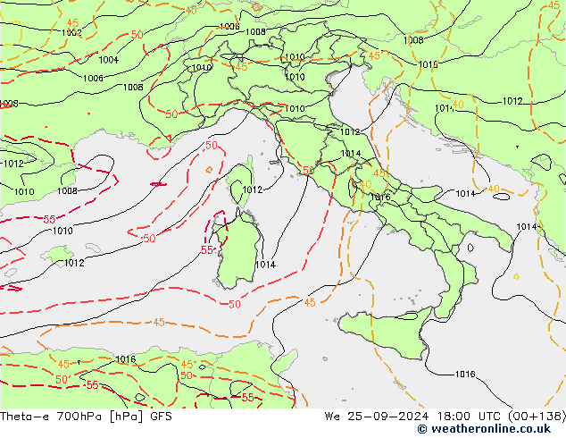 Theta-e 700hPa GFS Qua 25.09.2024 18 UTC