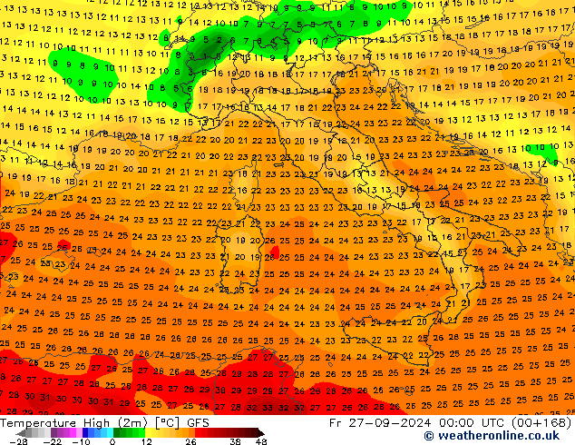 température 2m max GFS ven 27.09.2024 00 UTC