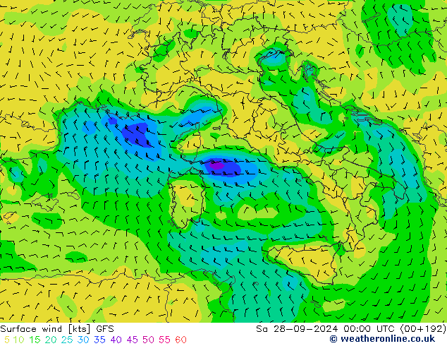 Vento 10 m GFS Sáb 28.09.2024 00 UTC