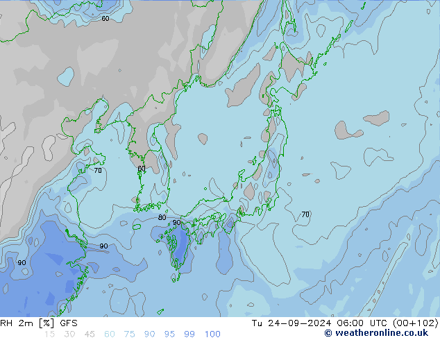 Humidité rel. 2m GFS mar 24.09.2024 06 UTC