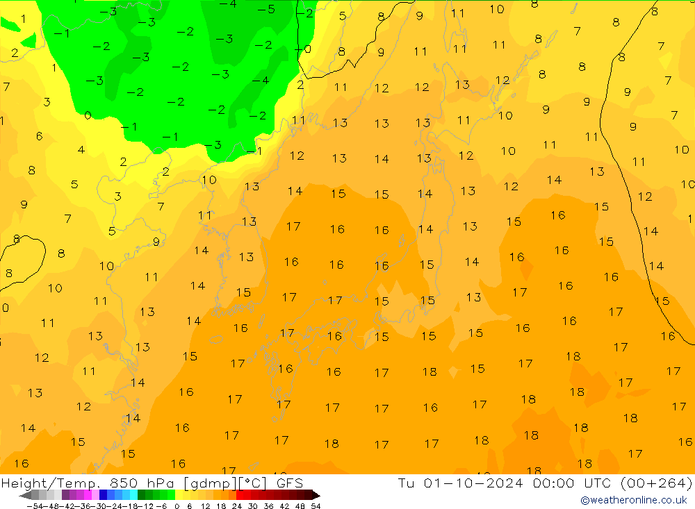 Height/Temp. 850 гПа GFS вт 01.10.2024 00 UTC