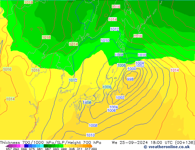 Schichtdicke 700-1000 hPa GFS Mi 25.09.2024 18 UTC