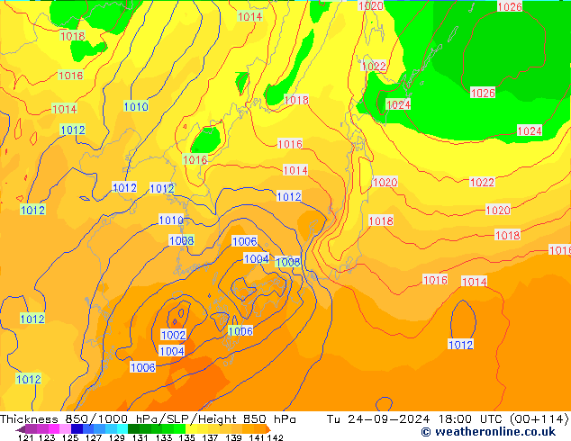 Thck 850-1000 hPa GFS  24.09.2024 18 UTC