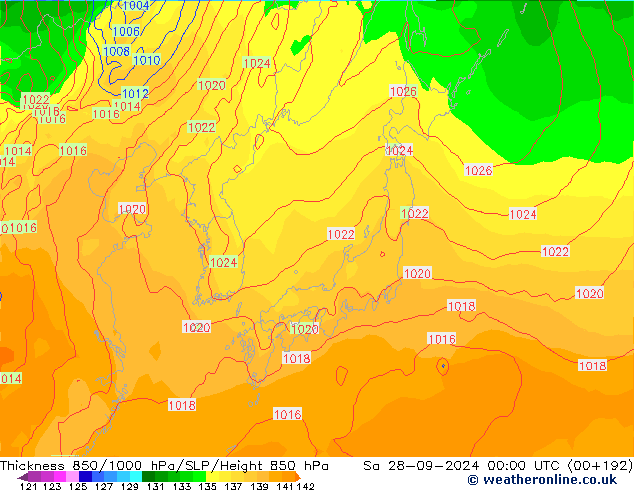 Schichtdicke 850-1000 hPa GFS Sa 28.09.2024 00 UTC