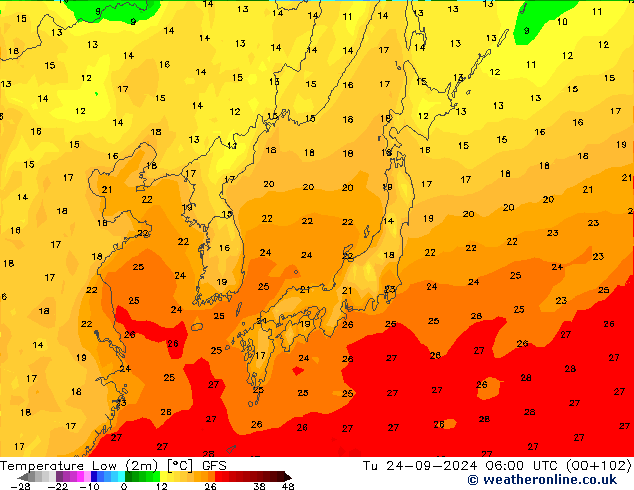 Temperature Low (2m) GFS Tu 24.09.2024 06 UTC