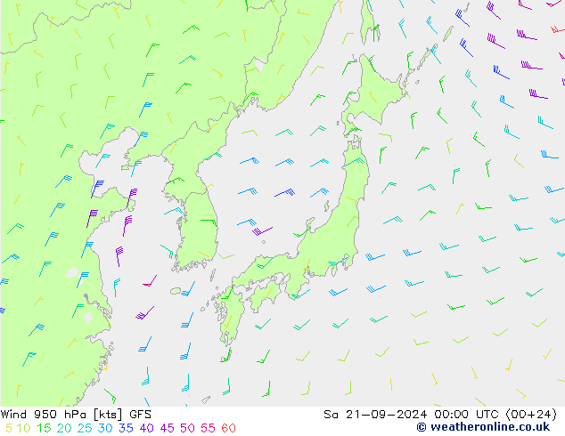 Vento 950 hPa GFS sab 21.09.2024 00 UTC