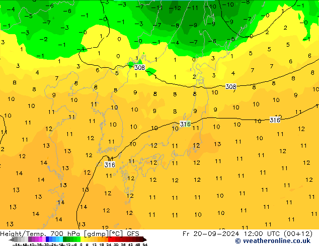 Height/Temp. 700 hPa GFS pt. 20.09.2024 12 UTC