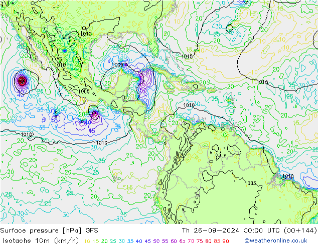 Isotachs (kph) GFS Th 26.09.2024 00 UTC