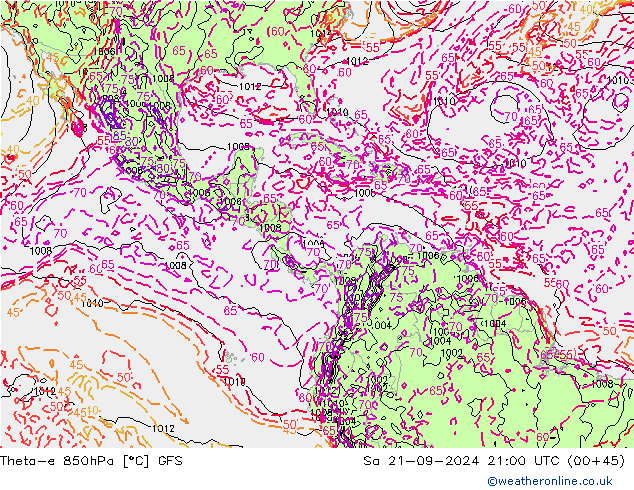 Theta-e 850hPa GFS so. 21.09.2024 21 UTC