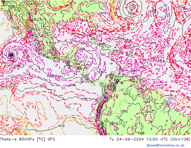 Theta-e 850hPa GFS Sa 24.09.2024 12 UTC