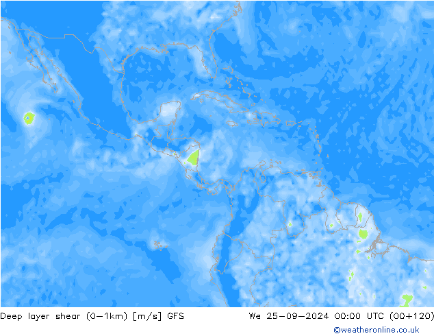 Deep layer shear (0-1km) GFS wo 25.09.2024 00 UTC