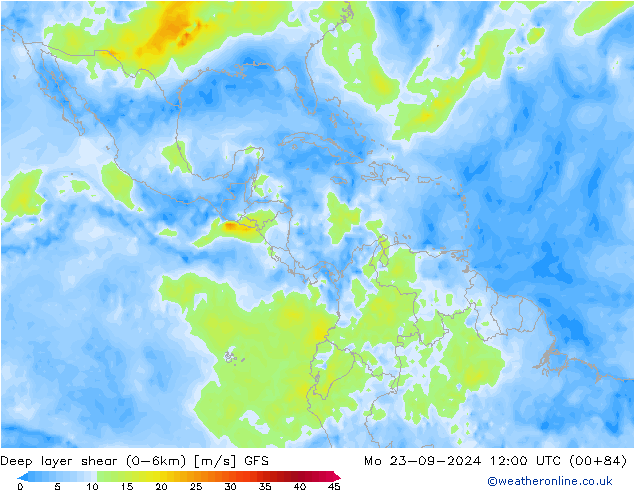 Deep layer shear (0-6km) GFS  23.09.2024 12 UTC