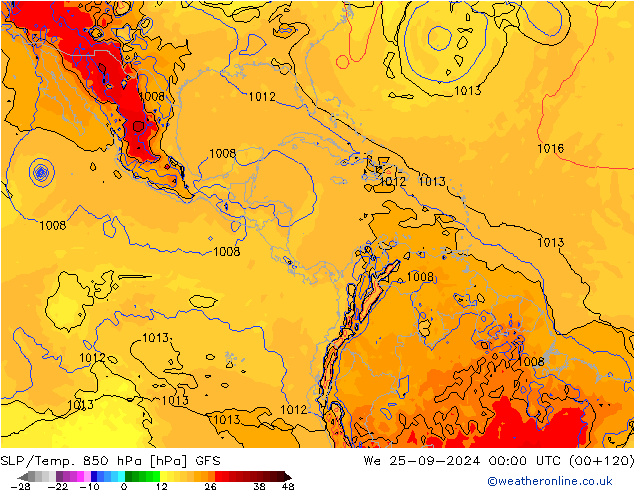 SLP/Temp. 850 гПа GFS ср 25.09.2024 00 UTC