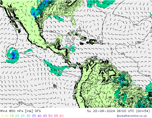 Rüzgar 850 hPa GFS Paz 22.09.2024 06 UTC