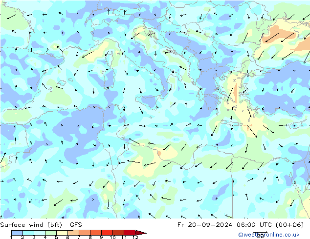 Surface wind (bft) GFS Pá 20.09.2024 06 UTC