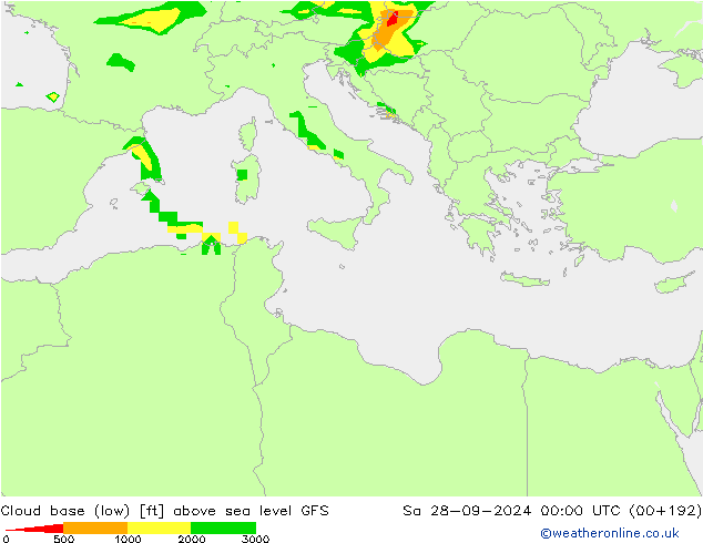 Cloud base (low) GFS сб 28.09.2024 00 UTC