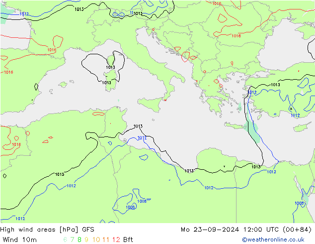 High wind areas GFS lun 23.09.2024 12 UTC