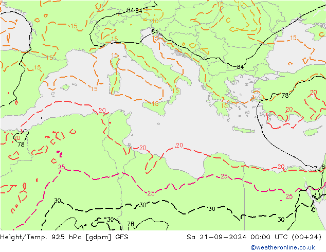 Height/Temp. 925 hPa GFS so. 21.09.2024 00 UTC